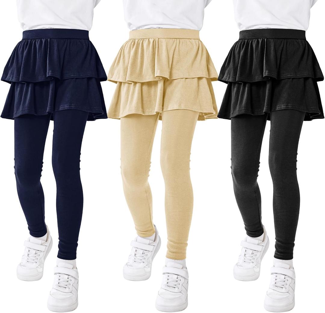 Resinta 3 Pack Girls School Uniform Pants Girls Leggings with Skirt Winter Warm Leggings  (9-10 Years, Black, Navy, Khaki)