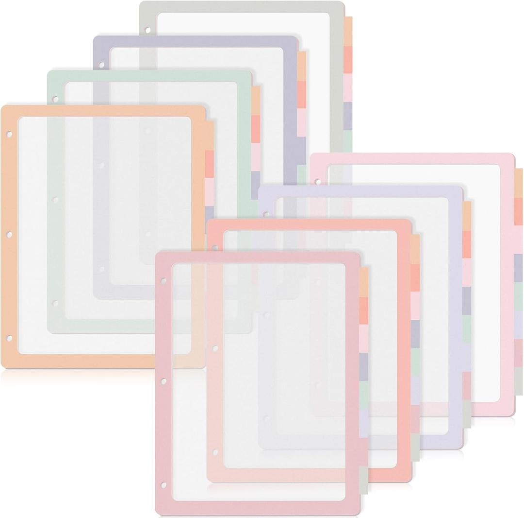 8 Sets 8 Tab Binder Dividers for 3 Ring 8.5 x 11 Inch Plastic Binder Dividers with Tabs Multicolor Letter Size Page Organizer 3 Hole Punch Clear File Organizer for School