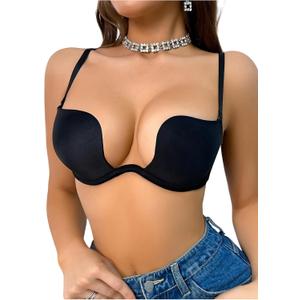 OYOANGLE Womens Deep U Multi-Way Sexy Underwire Push Up Convertible Low Cut Plunge Bra (32B, Black)