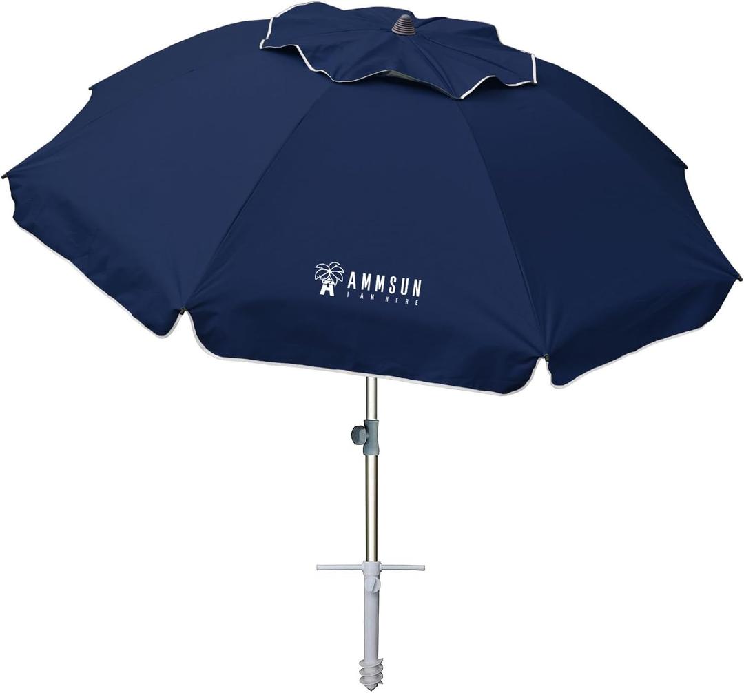 AMMSUN 7ft Beach Umbrella with Sand Anchor Sand Screw, Tilt, Windproof, Sun Protection,UPF 50+ Silver Coating Inside and Telescoping Pole for Outdoor Patio (Solid Navy)