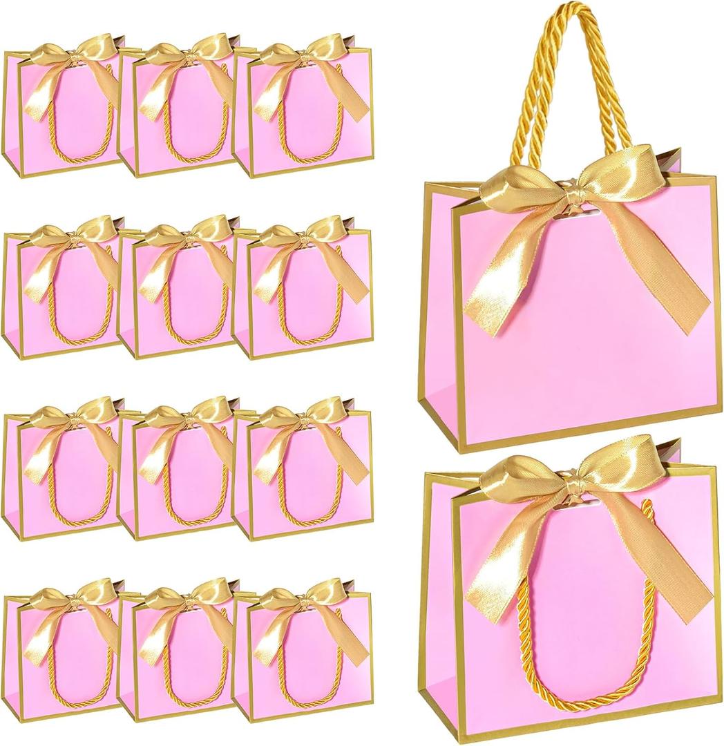 EQOREIIN 50 PCS Small Gift Bags with Handles,Pink Mini Bag,5.5x 2.5x4.7 Inches Small Thank You Gift Bags Bulk with Ribbon for Party Favors,Mother's Day, Goodie, Weddings,Baby Shower(Pink Gold)