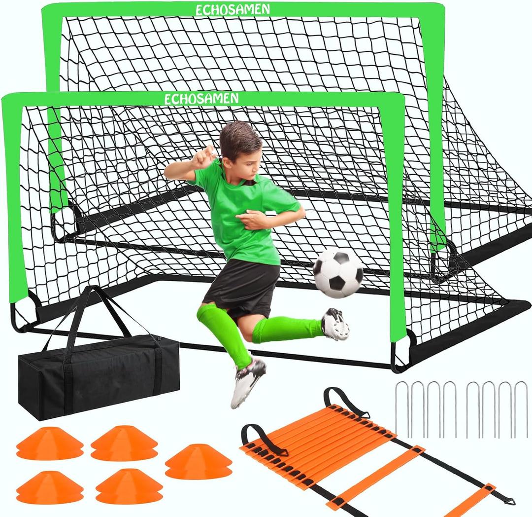 Kids Soccer Goals for Backyard, 2 of 6 x 4 ft Kids Soccer Goal Set Soccer Net with 10 Soccer Cones, Agility Ladder & Carry Bag, Portable Soccer Training Equipment.