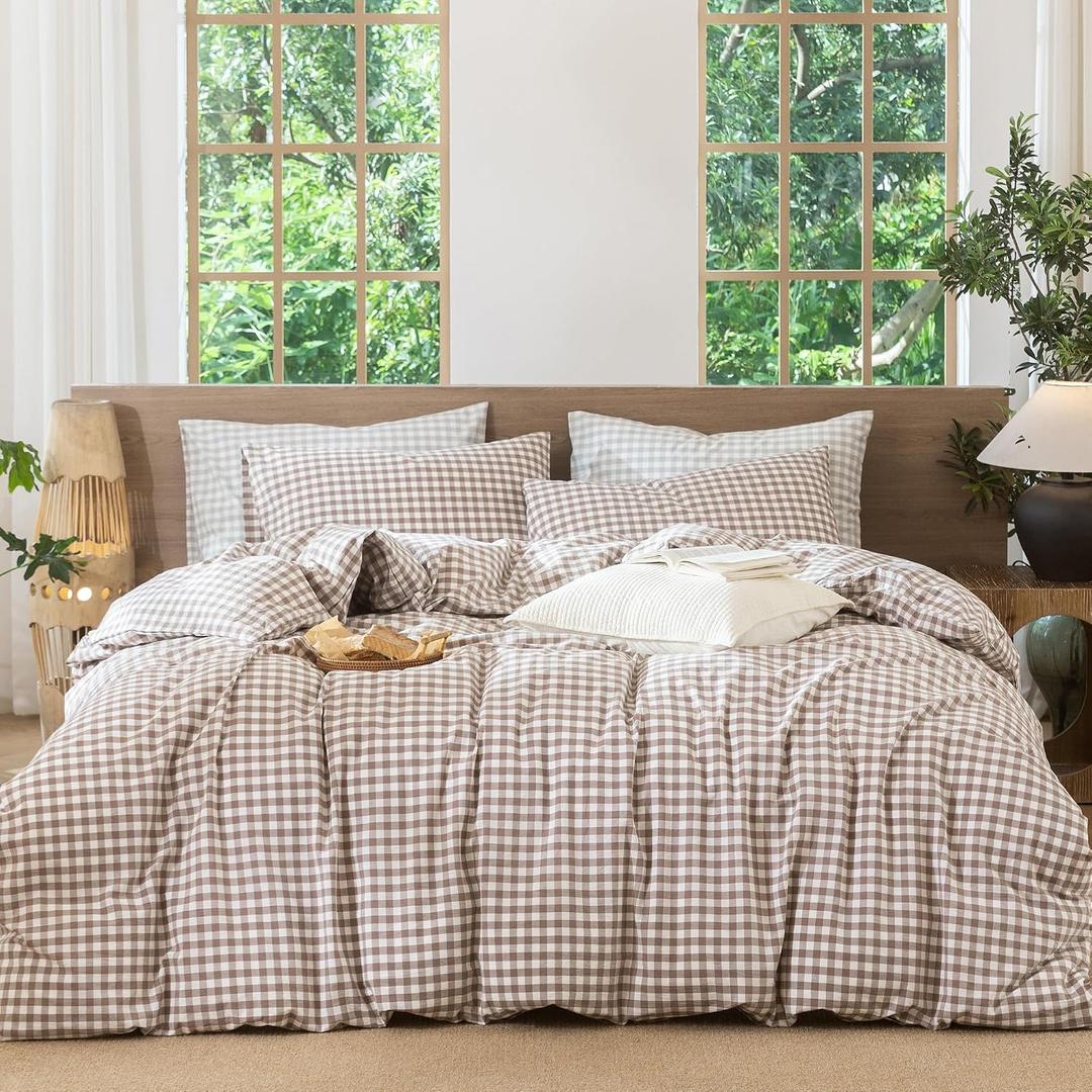 MooMee Gingham Duvet Cover Set 100% Washed Cotton Linen Like Textured Breathable Durable Soft Comfy Modern Checkered Design (Brown Gingham, Palatial King/Oversized King 120"x98")