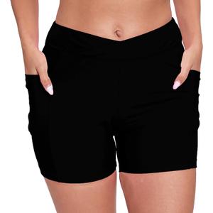 JOYBIK Women's 5" High Waisted Boyshort Swim Board Shorts Swimsuits Bottoms (XX-Large, Black(w/Pocket))
