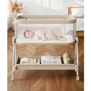 Fodoss Baby Bassinets Bedside Sleeper - Bed Side Bassinet Newborn with Wheels, Storage Tray, 4-Sided Mesh, 7 Height Adjustable, Beige, Crib