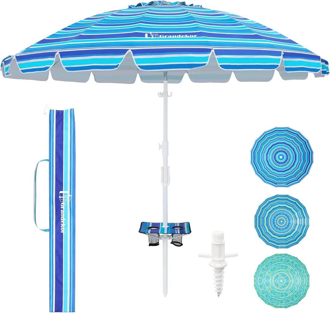 Grandekor 8FT Beach Umbrellas for Sand Heavy Duty Wind Portable Beach Umbrella with Table Travel Beach Umbrella with Carry BagSun Umbrella Beach, UV 50+,Enlarged Sand Anchor