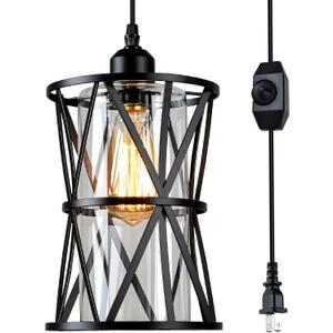 HMVPL Farmhouse Plug in Pendant Light, Outdoor Swag Lamp with Plug in Cord On/Off Dimmer, Plug in Hanging Light Fixture for Dining Room Bedroom Kitchen Island(1 Pack) (Cylinder, Black)