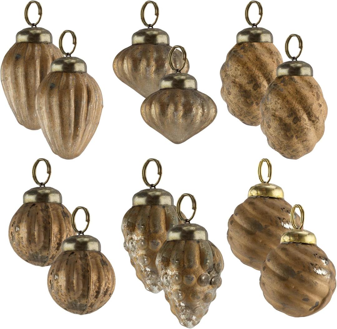 AuldHome Design Mercury Glass Finial Ornaments (Set of 12, Gold, Small) Distressed Metal Antique Style Christmas Tree Decorations - 1.3 to 2-Inch Size