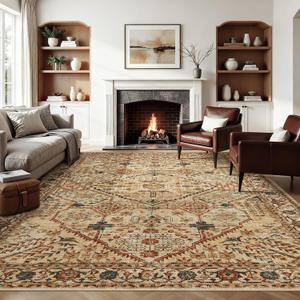 Joydeco 9x12 Area Rugs for Living Room, Non Slip Machine Washable Vintage Rug, Low Pile Chenille Print Rugs for Bedroom, Dining Room, Home Office, Pet & Child Friendly, Tan