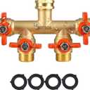 4 Way Brass Hose Splitter Full Flow with Metal Handle - Heavy Duty Spigot Splitter with Shut Off Valve, 3/4" GHT Garden Tap Connector