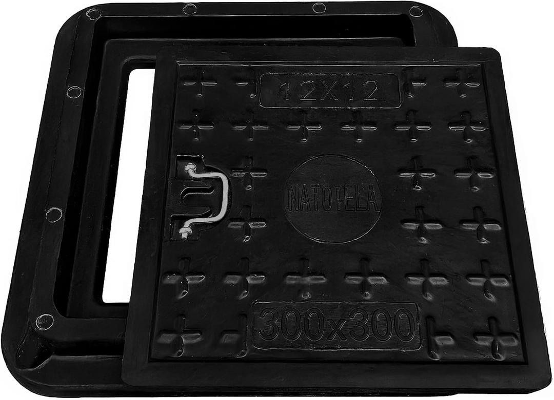 12x12 inch Manhole Cover and Frame,Overall Size 16x16,Clear Opening Size 9.5x9.5,Embedded Fiberglass Polymer Sewer Cover with Handles,Reinforced Steel Non-Slip Recessed Septic Tank Covers