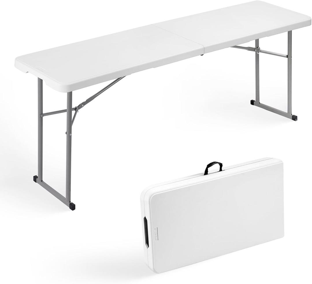 Byliable Folding Table 6FT Narrow Portable Foldable Plastic Heavy Duty Long Table, Fold-in-Half with Carrying Handle for Indoor Outdoor Meeting, Buffet, Party, Wedding, Home Work, 6 Foot, White