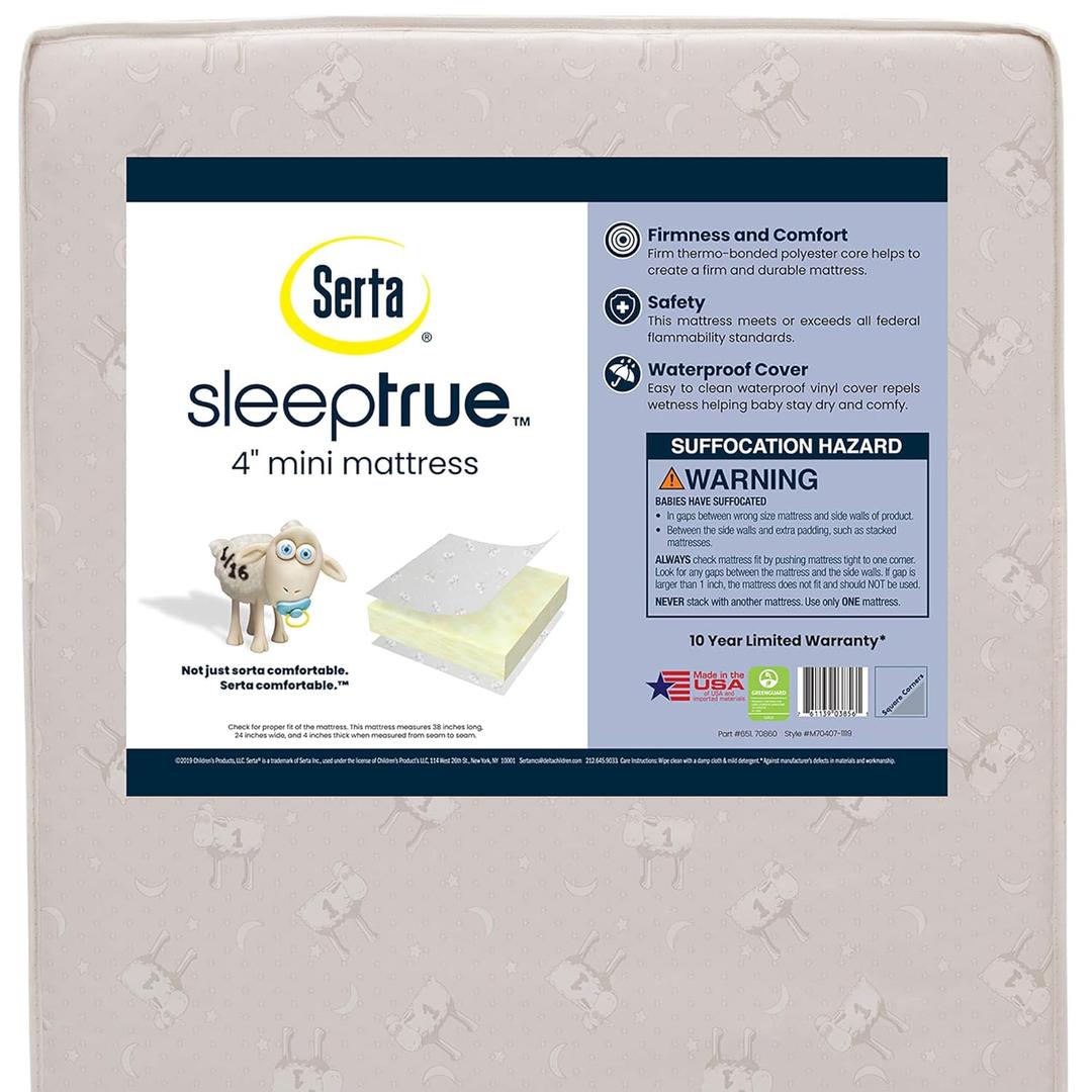 Delta Children Serta SleepTrue Mini Crib Mattress, Premium Sustainably Sourced Fiber Core, Hypoallergenic & Waterproof Cover, Greenguard Gold Certified - Made in USA, White (38x24x4 Inch (Pack of 1))