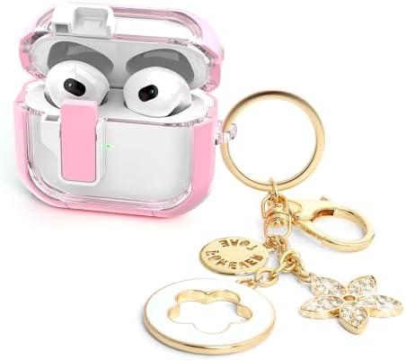 Cases for Cute Airpods 4 Case Cover Women, Clear Airpod 4 Case Lock iPods 4 Cases Hard Protective Air Pods iPods 4th Generation Cas with Bling Keychain for Apple Airpods 4 Gen 2024-Pink, Pack of 2