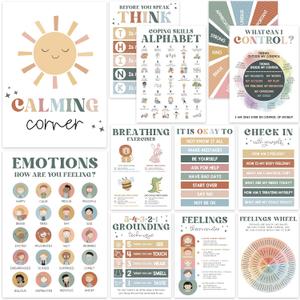 12 Retro Calming Corner Classroom Posters (10x14) - Feelings Wheel & Emotions Poster for Kids, Calm Down Corner Supplies for Therapy Office Decor, Mental Health Wall Art for Preschool and Teachers