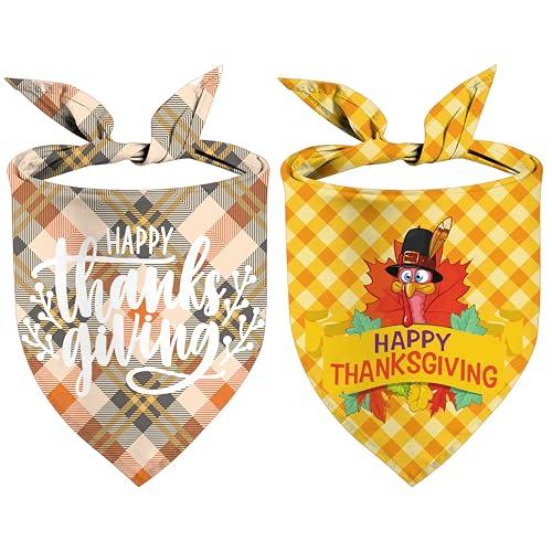 Thanksgiving Dog Bandanas, Fall Plaid and Turkey Reversible Triangle Bibs Scarfs Autumn Holiday Puppy Pet Kerchief 2 Pack (Thanksgiving-02)