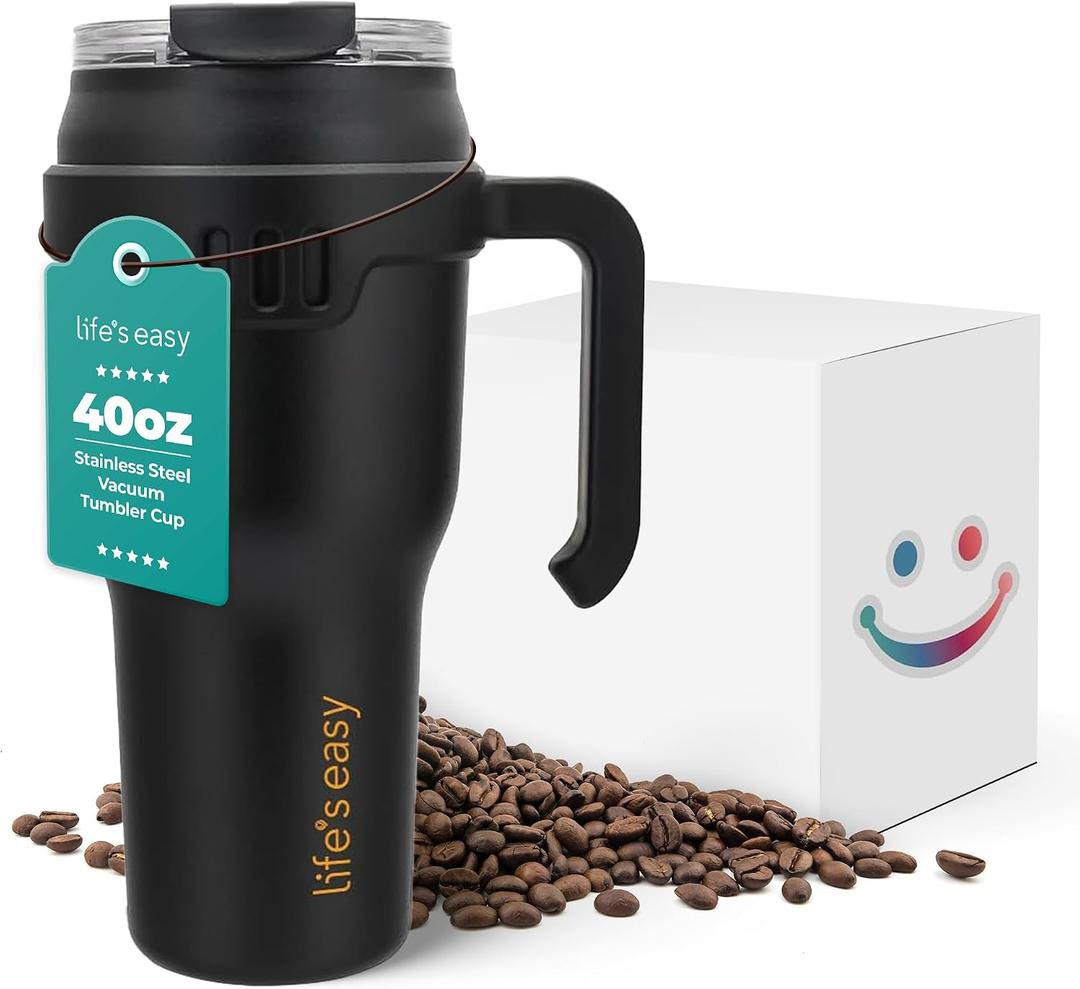 Life's Easy 40 oz Tumbler with Handle and Built-in Flip Straw - Leakproof Vacuum Insulated Stainless Steel Mug with 2-in-1 Lid, Large Travel Mug, Fits in Cup Holder - Great for Christmas & More
