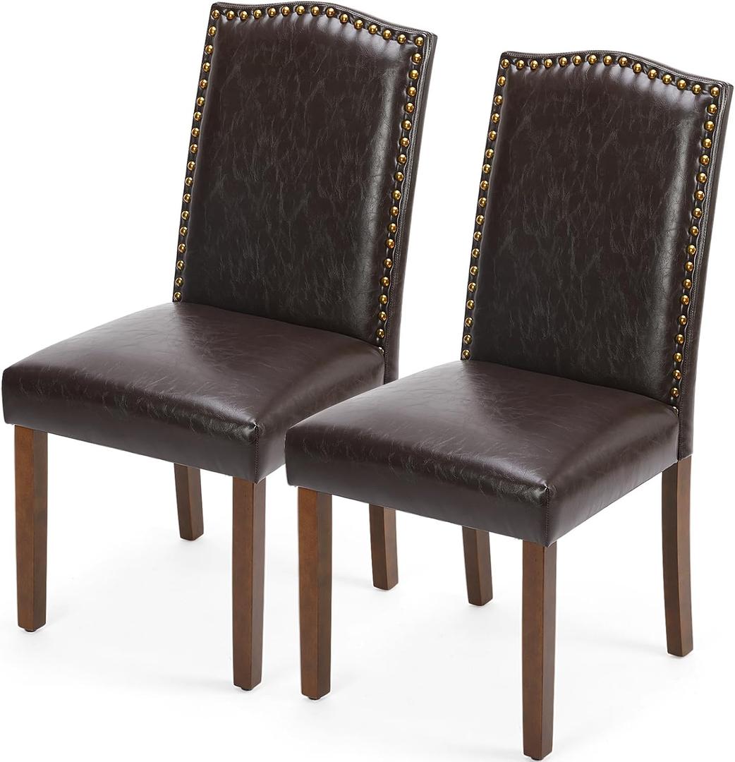 DUMOS Upholstered Dining Chairs，Set of 2 PU Leather Dining Room Kitchen Chair with Nailhead Trim and Wood Legs, Modern Side Chairs for Living Room-Brown