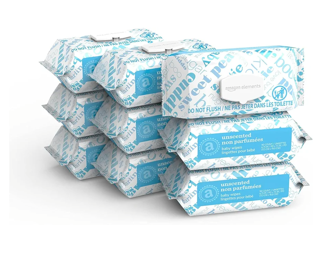 Amazon Elements Baby Wipes, Unscented, 810 Count, Flip-Top Packs