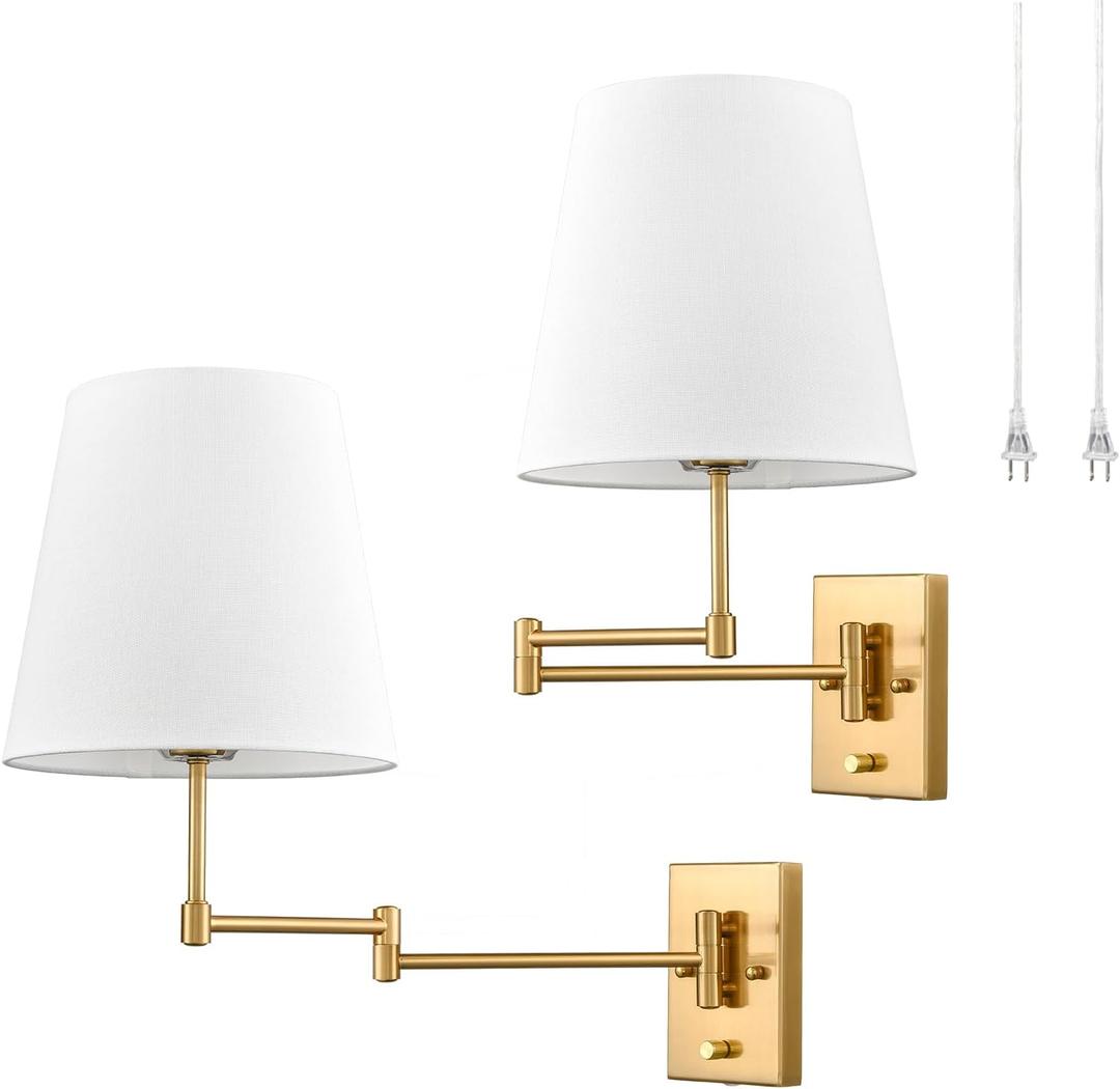 HYDELITE Gold Swing Arm Wall Lamp Brass Wall Sconces with Linen Shade | Plug-in or Hardwired Wall Light Fixtures Bedroom Bedside, House Reading, Living Room, Home Hallway, Dinning Set of 2, 18.8"L x 18.8"W x 18.4"H