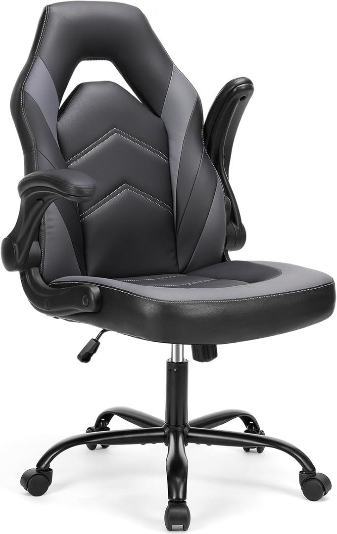 DUMOS Gaming Ergonomic Office Chair for Adults, Height Adjustable Computer Desk Chair with Flip-up Armrests, PU Leather Swivel Video Game Chair with 360 Rolling Wheels, Grey (19.7"D x 26"W x 41.8"H)