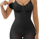 SHAPERX Women's Seamless Shapewear Tummy Control Bodysuit with Removable Pads Mid Thigh Body Shaper (Black, XL)
