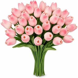 MACTING 30 PCS Artificial Tulip Flowers 13.7" Real Touch Fake PU Tulips Bouquet Faux Flowers for Floral Arrangements Table Centerpieces Kitchen Indoor Home Mothers Day Decorations,Peach Pink
