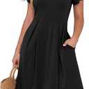 Women Summer Dress Casual Short Sleeve V Neck A-Line Knee Length Pleated Flowy 2026 Fashion Midi Dresses with Pocket Size S