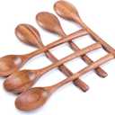 HAKSEN Wooden Spoons for Eating, 8.2 Inch Wood Mixing Soup Spoon with Long Handle for Korean Food Daily Meal Stirring Sauce Coffee, 6PCS