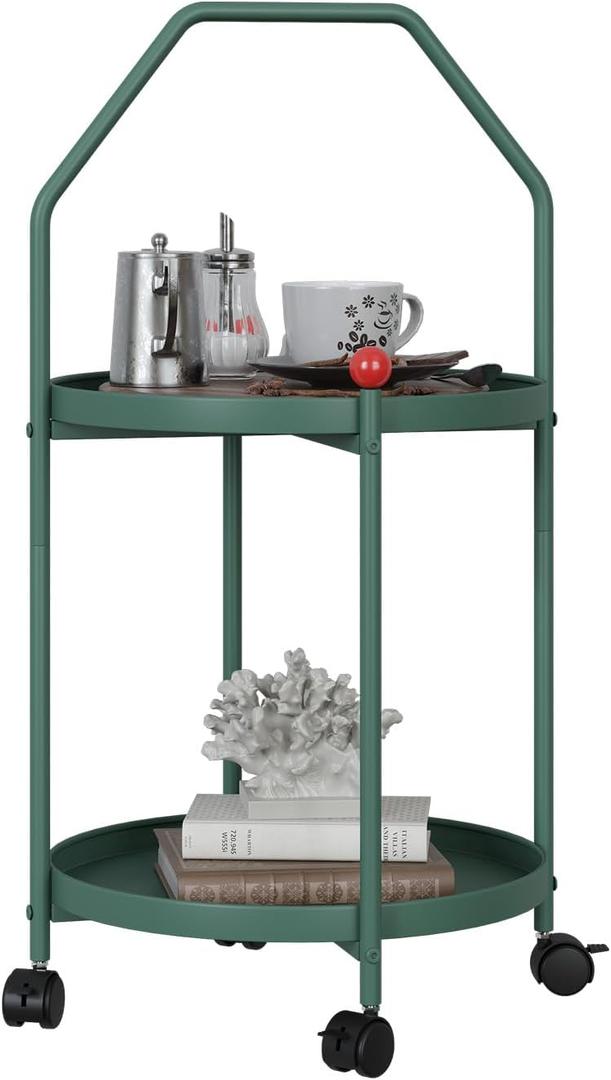 Portable Side Table,Waterproof Round Metal End Tables with Wheels and Armrests,Outdoor and Indoor for Garden Balcony Yard,Small Round Nightstand Bedside Table for Living Room(Green)