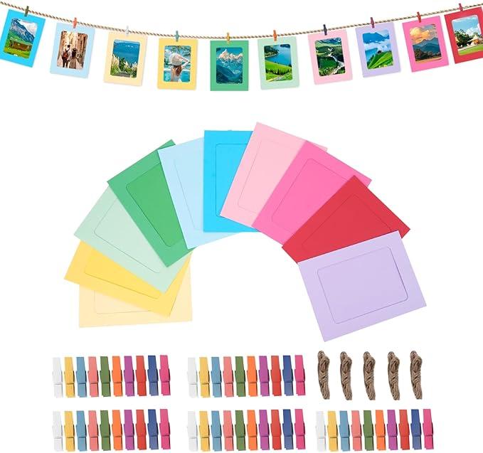 50Pcs Paper Picture Frames 4x6 In Photo Banner, Paper Picture Banner Frames 4x6 Hanging Photo Holder with 50 Clips and 5 Jute Twine Wedding Party Decor Home Graduation Hanging Display Kit(Colorful)