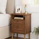 Nightstand, Boho Night Stand with 1 Drawer, Modern Side Accent Table with Open Shelf, Wooden Top Bedside End Table for Bedroom, Living Room, Walnut
