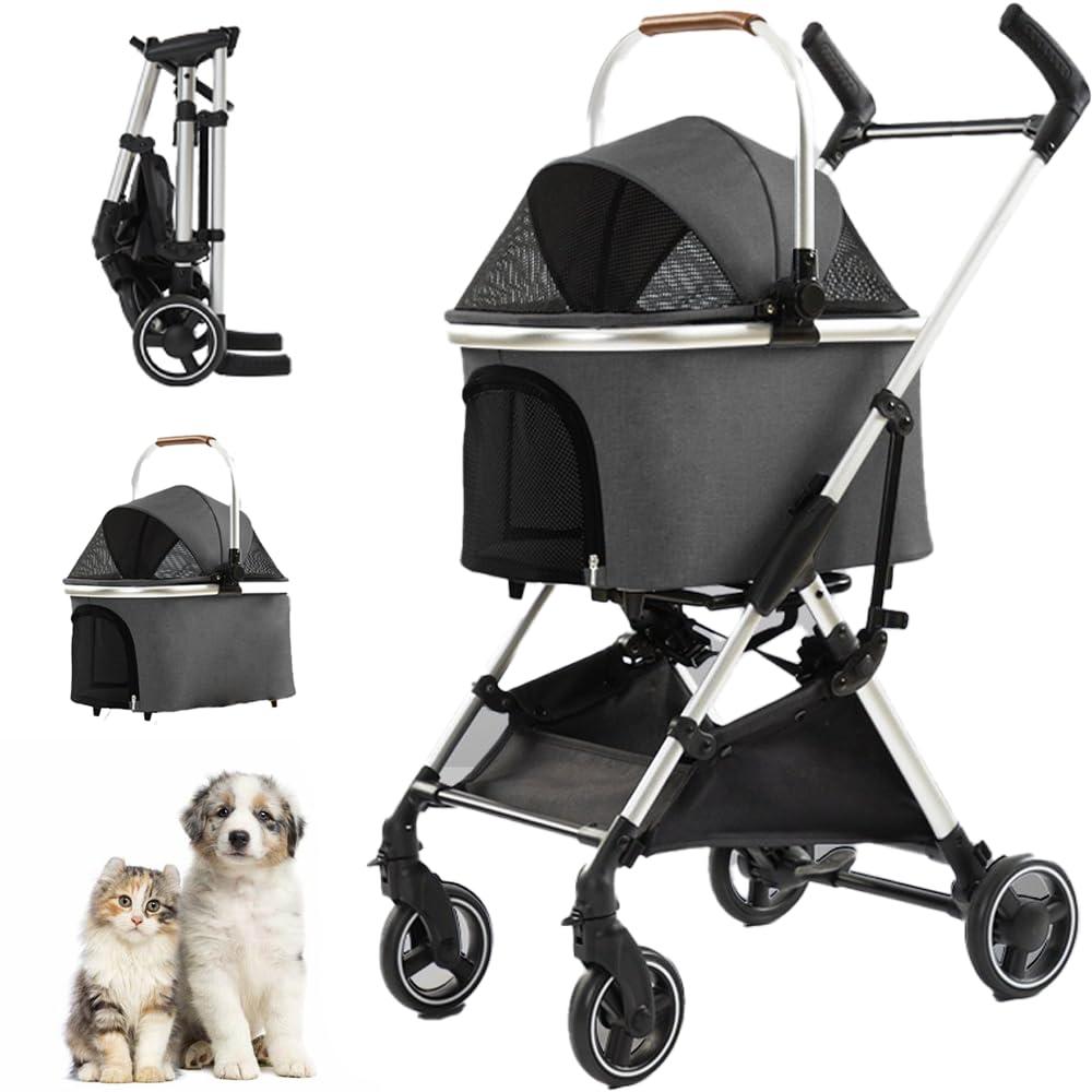 3 in 1 Pet Stroller 4 Wheel Small Medium Portable Foldable Carrier Dog Strolling Storage Basket 33lb max Adjutable Handle Height (Dark gray)
