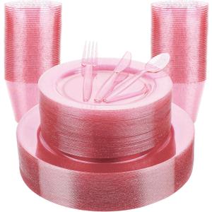 180PCS Pink Glitter Plastic Dinnerware Set