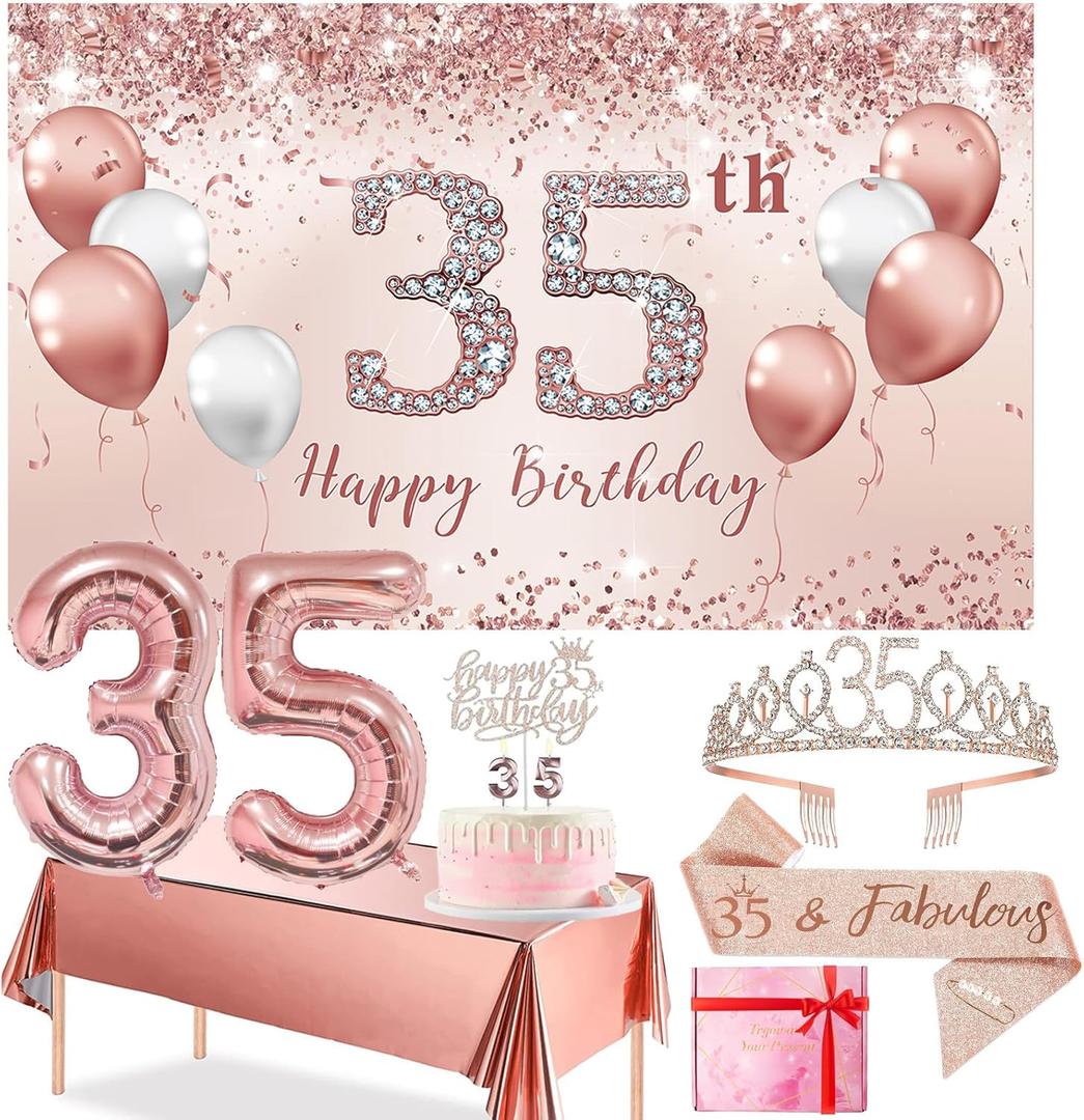 Trgowaul 35th Birthday Decorations Party Set for Women, Rose Gold 35 Birthday Banner and Tablecloth, 35 & Fabulous Sash and Crown, 1PC Happy 35th Birthday Cake Topper, Pink Gold 35 Number Balloons