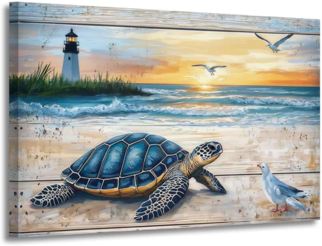 ZSHARTSWD Sea Turtle Wall Art Sunset Beach Turtle Canvas Prints Blue Ocean Lighthouse Pictures Coastal Scenery Painting for Bathroom Living Room Decor Framed (Beige, 16.00" x 24.00")