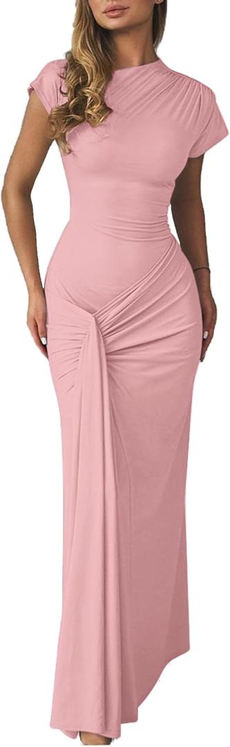 Mojessy Women Bodycon Maxi Dress Sexy Mock Neck Lace Up Bandage Ruched Short Sleeve Long Dress Cocktail Dress (Large, Pink)