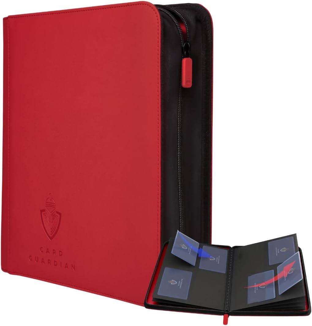 Card Guardian - Toploader 4 Pocket Premium Binder with Zipper for 160 Cards - Side Loaded Pockets - Compatible with Sports and Trading Cards TCG (Red)