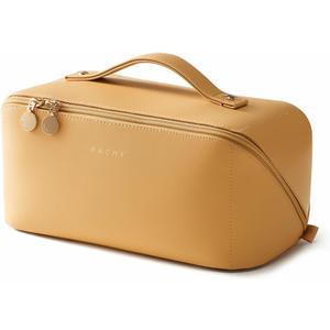 EACHY Travel Makeup Bag, Large Capacity Cosmetic Bag for Women, Waterproof PU Leather, Flat Open Portable Toiletry Bag for Skincare, Brushes & Travel Essentials