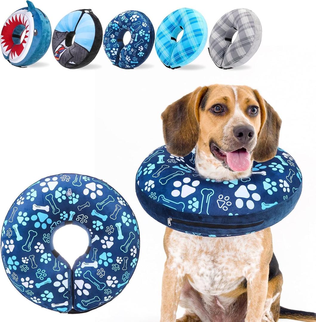SCENEREAL Dog Cone Alternative After Surgery Donut Collar, Soft Pet Recovery Pillow Collar for Dogs, Inflatable Adjustable Neck Collars to Prevent Licking, Bone and Paw Print E-Collars (Blue) M