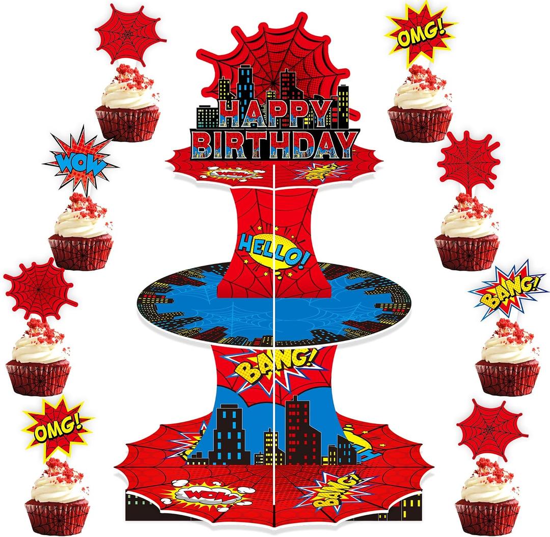 Spider web Birthday Party Supplies, 3 Tier Spider web Cupcake Stand Superhero Party Decorations Supplies for Kids Boys Themed Birthday Decorations