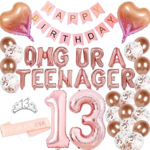 13th Birthday Decorations Thirteen Teenager Birthday OMG UR A Teenager Balloons 13th Birthday Tiara Sash Happy Birthday Banner for 13 Year Old Teen Girls Birthday Party Supplies (Rose gold)