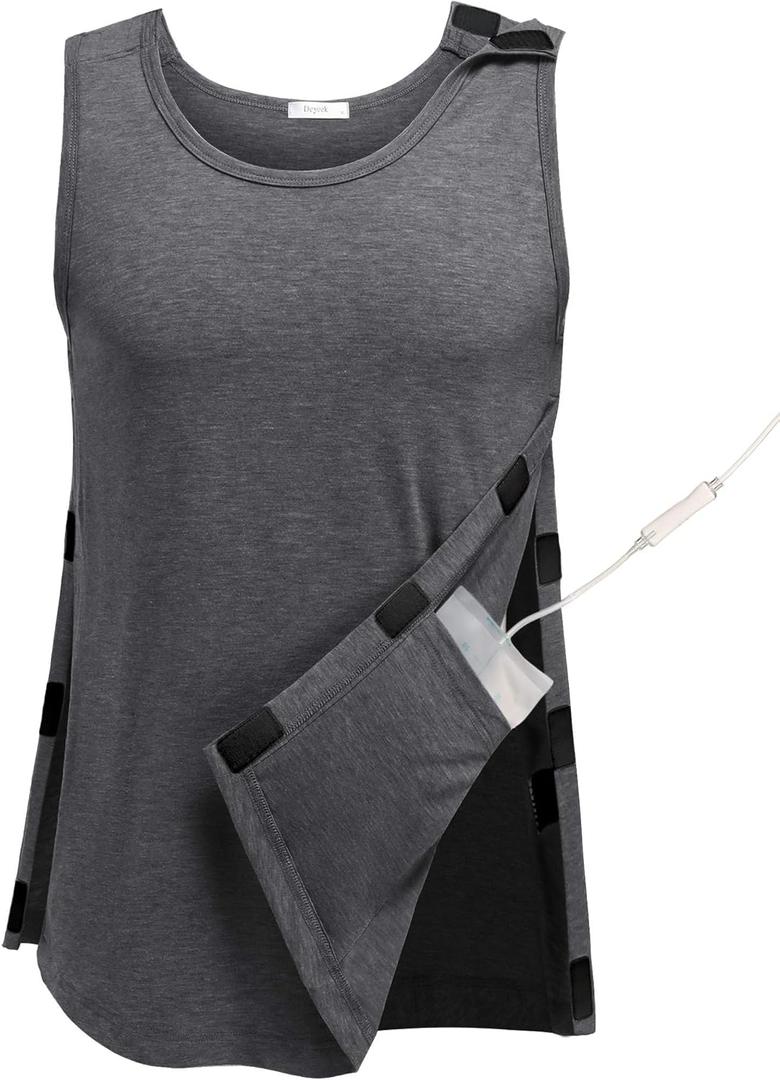 Deyeek Post Surgery Shirts Men Shoulder Mastectomy Recovery Tank Tops with Drain Pockets Adaptive Rotator Cuff Magic Tape (Small, Dark Grey)