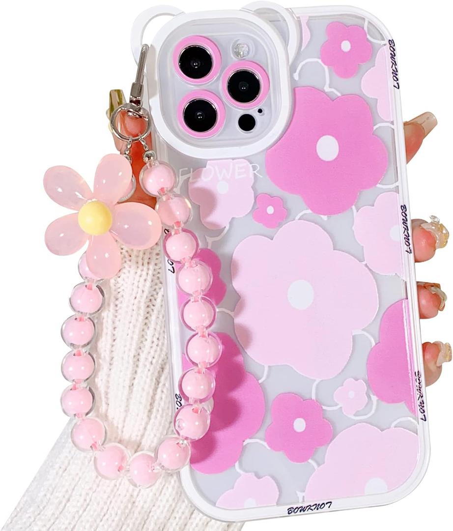 NITITOP Compatible for iPhone 14 Pro Max Case, Cute Floral Bear Camera Lens Case for Women Girls, Soft TPU Shockproof Protective Cover with Lovely Flower Bracelet Chain - Bear Pink