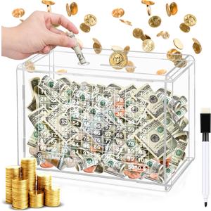 Cash Vault Wooden Savings Box, 100 Days Savings Challenge Box Wood Cash Box Kakeibo Money Saving Box, Clear Piggy Bank Coin Bank with Numbers to Check for Adults