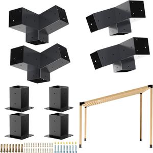 Pergola Kit, Slanted Roof Pergola Bracket, 3-Way Brackets with Post Base Kit, Log Cabin Outdoor 4"x 4" (Actual 3.5" X 3.5") Lumber