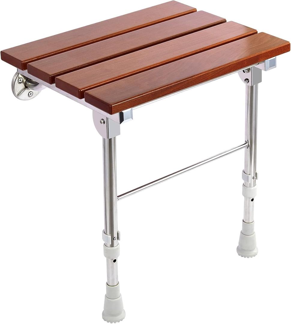 Folding Shower Seat Wall Mounted with Legs, Shower Seat Benches Stool Chair for Inside Shower, Fold Down Shower Seat for Seniors Small Shower Space, Foldable Fold up Waterproof Wood Height Adjustable (Height Adjustable)