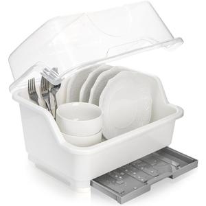 Acshio Dish Drying Rack, Plastic Plate Cup Dryer Holder with Lid Removable Drainboard, Cutlery Utensil Dish Nursing Bottle Organizer for Tableware, Kitchen Cabinet