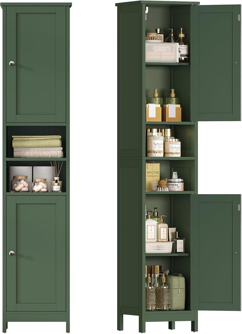 TEENFON 67" Tall Bathroom Cabinet with Adjustable Shelves and Doors, Narrow Bathroom Storage Cabinet for Small Space, Living Room, Entryway, Kitchen, Green, 11.8"d X 11.8"w X 66.9"h