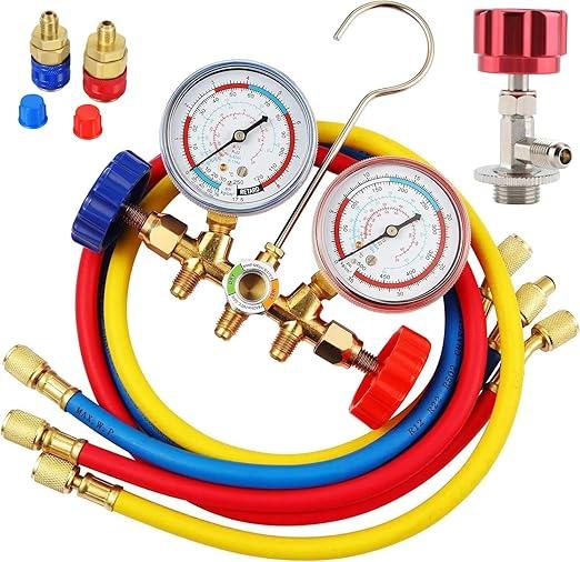 R134A Manifold Gauge Set with R134a Can Tap R134a Quick Coupler, 3 Way AC Diagnostic Manifold Gauge Set for R134a R12 R22 R404a Refrigerant, Automotive AC Gauge Set with 3Ft Charging Hoses